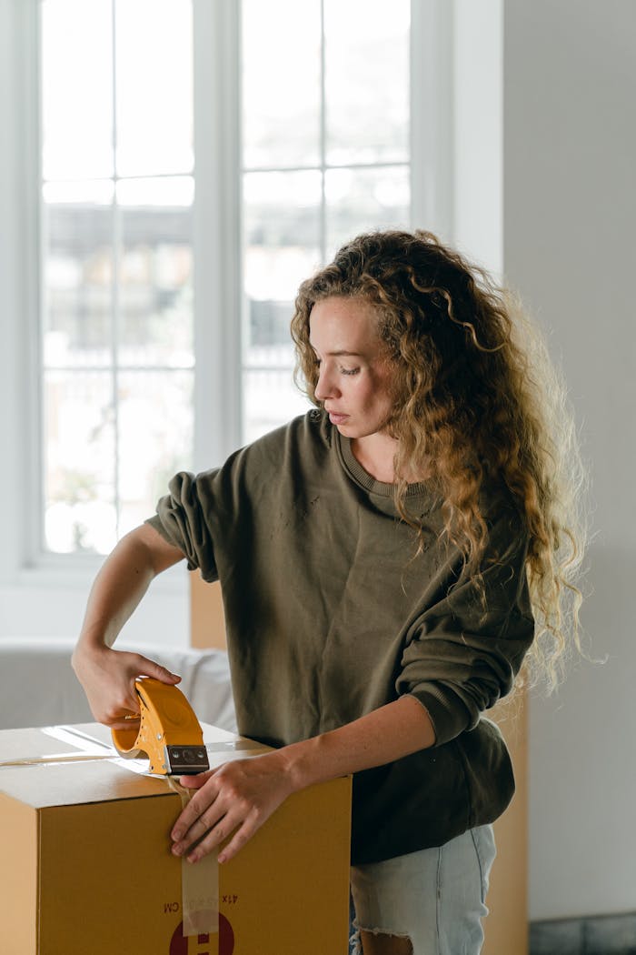 Young woman seals a moving box in a sunlit apartment interior.
